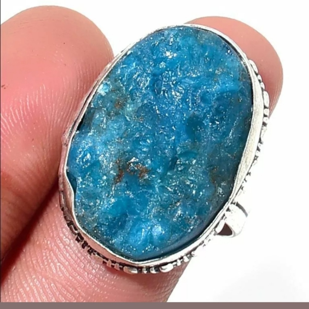 New Natural Blue Apatite 925 Silver Ring.
